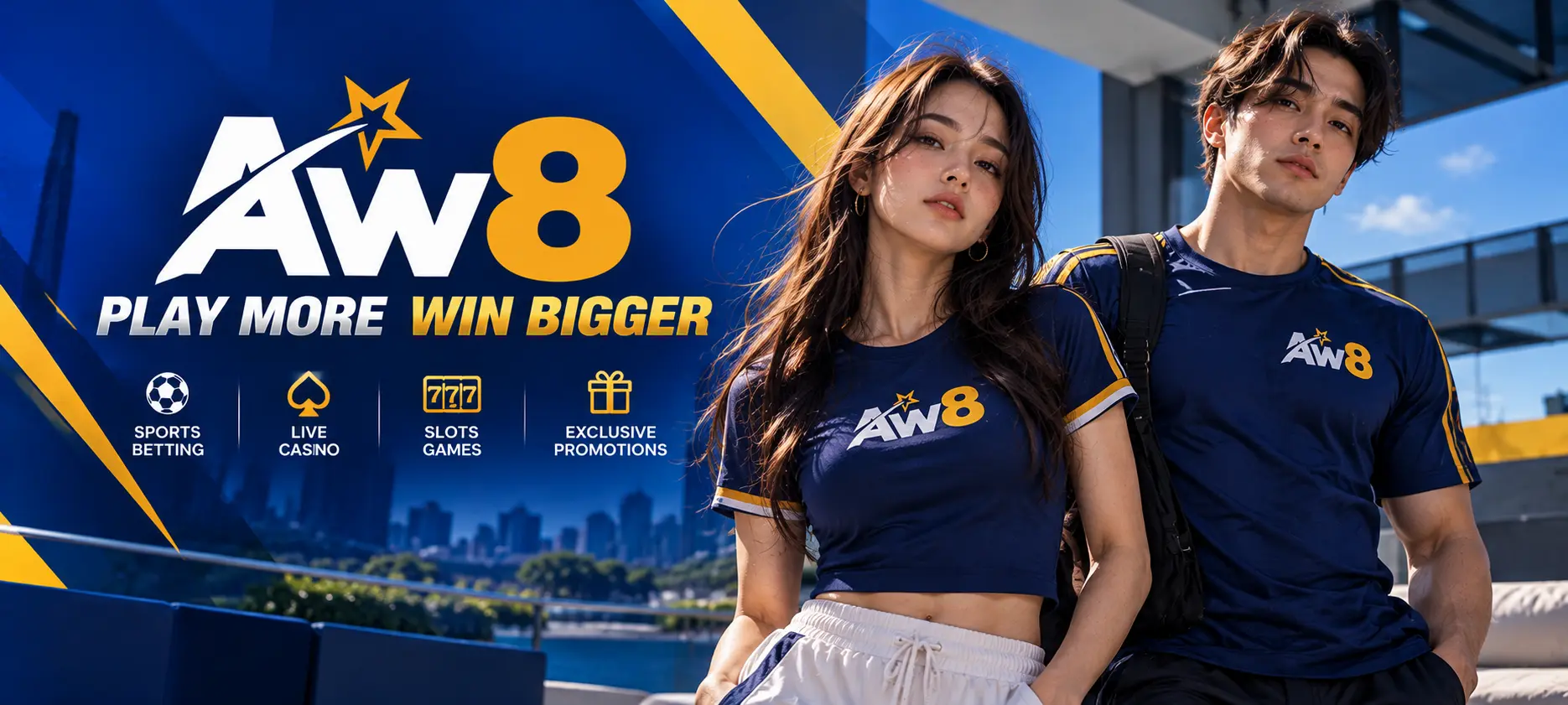 AW8 banner. Play more, win bigger. Sports betting, live casino, slots games, and exclusive promotions.